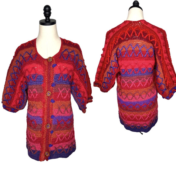 VINTAGE 60s XS Mod HAND KNIT Sweater Mini Dress $380 WOOL Puff Sleeves Red Blue - Picture 3 of 15